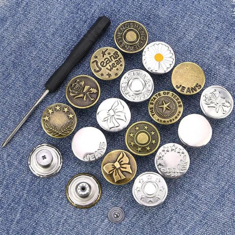 

Новые металлические пуговицы для джинсов (10/20 шт.) с отверткой, 17/20 мм, сменные, без пришивания, на винтах, ремонтный комплект, съемные пряжки для джинсов