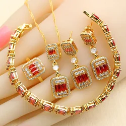 Luxury For Women Gold Plated Jewelry Sets Red Zirconia Earrings Necklace Pendant Ring Bracelet  Party Gift