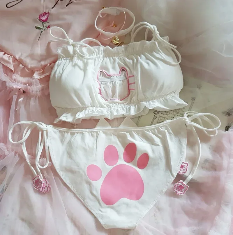 Anime Kawaii Lolita Kitty Cat Girl Cosplay Women Sexy Lingerie Uniform Underwear Hollow Out Bra Panties Neck Ring Set Nightwear