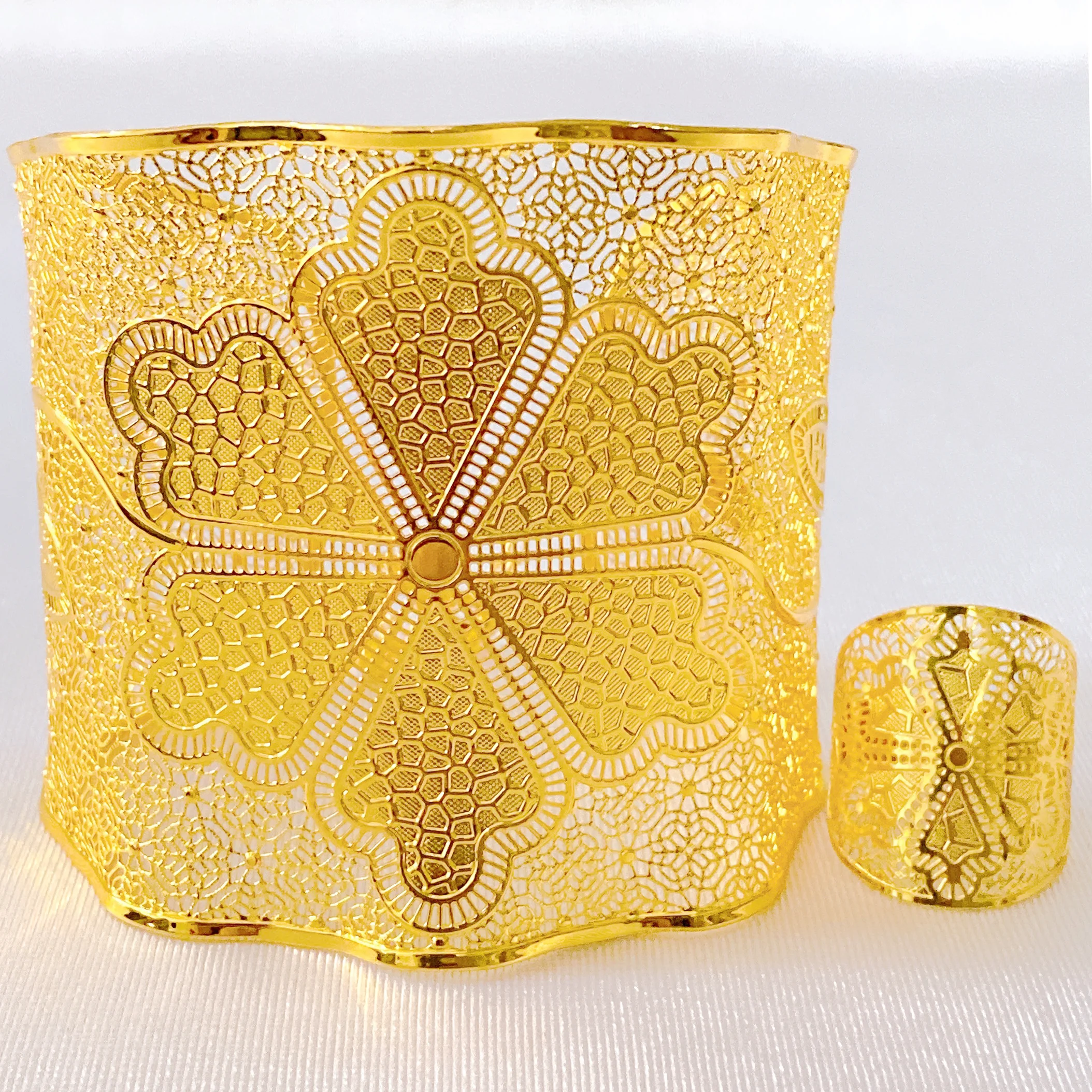 Luxury Hotsale Huge Skeleton Flower Jewelry Set Stunning Statement Bangle Ring Two Pieces Jewellery Set For Party Free Shipping