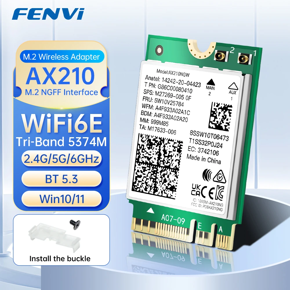 

FENVI AX210 WiFi6E M.2 Card BT5.3 Tri Band 5Ghz/6G/2.4G 5374Mbps 802.11AX Беспроводная сетевая Wi-Fi-карта NGFF для ноутбука для ПК Win10/11