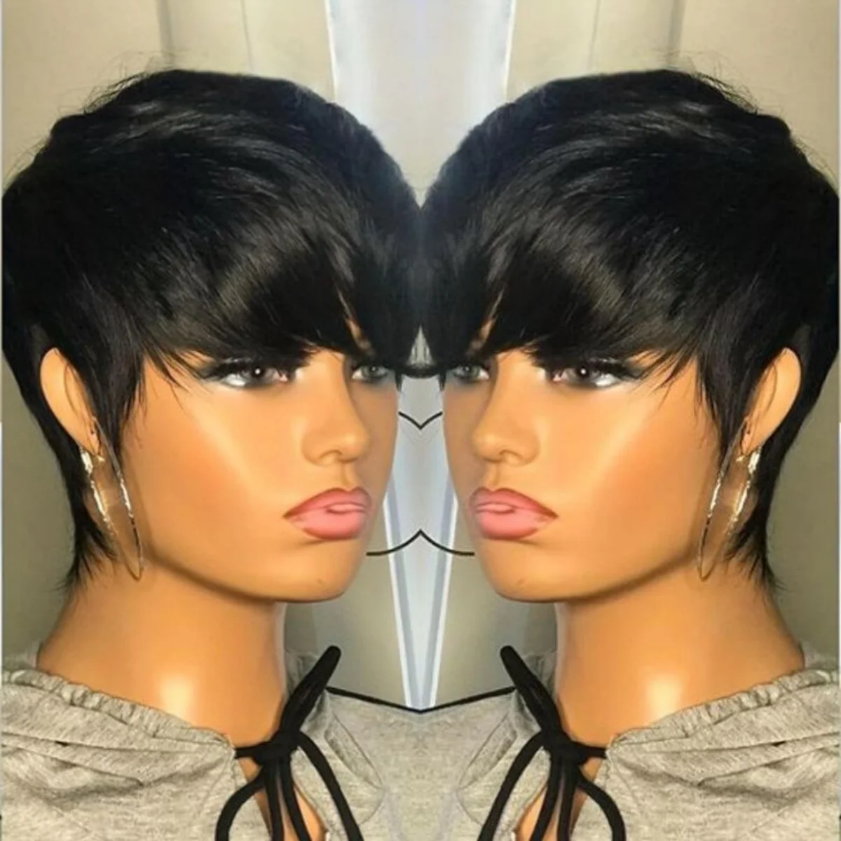 여성용 스트레이트 풀 머신 메이드 숏 레이어드 인모 픽시컷