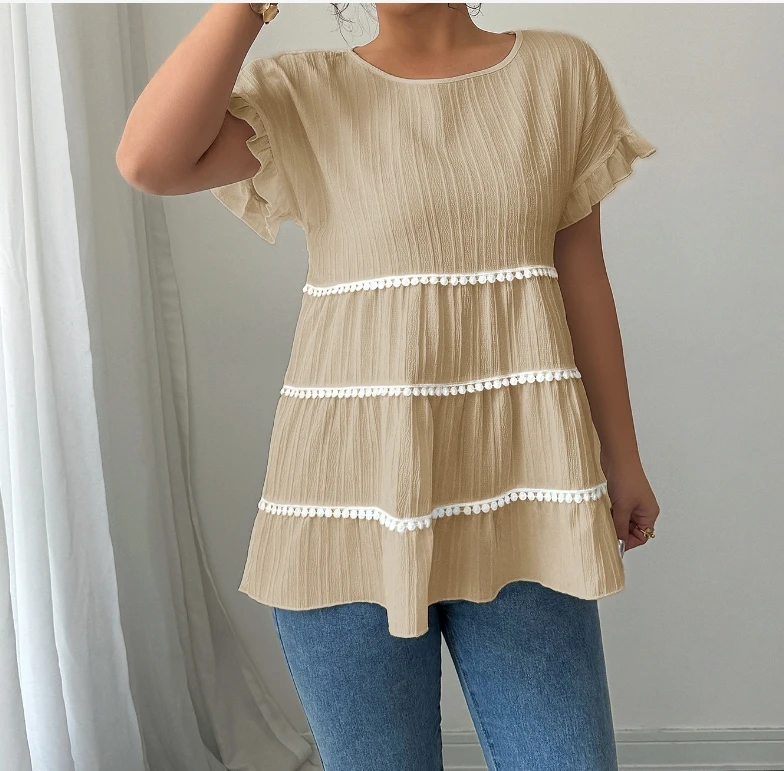 

Simple and fashionable short sleeved women's T-shirt with round neck and pleated edges, slim fit and loose A-line short sleeved