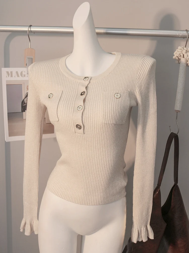 

Slim Fit Long Sve round Ne Knitted Sweater iny Tead adient Pattern Wool Blend Casual Ele Women's Top