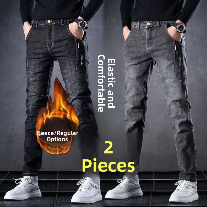 

Мужские зимние узкие прямые джинсы Thiened Fce на подкладке, деловые повседневные джинсы со средней талией на молнии Fly Multi ket, декоративные бу...