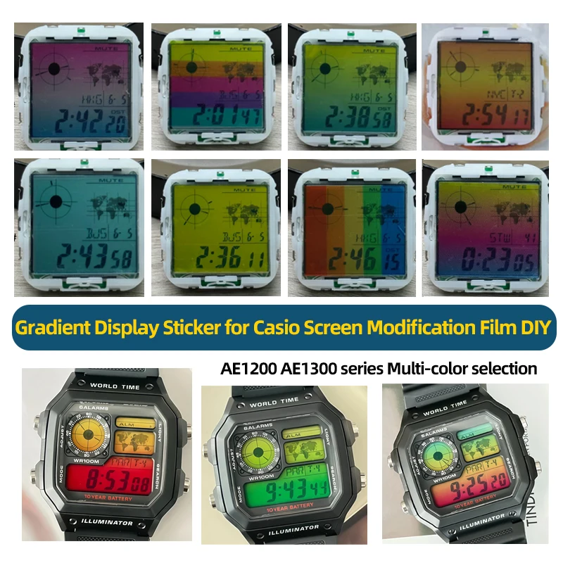 AE1200 AE1300 series Rainbow Gradient Display Sticker for Casio Screen Modification Film DIY Installation Watch Accessory