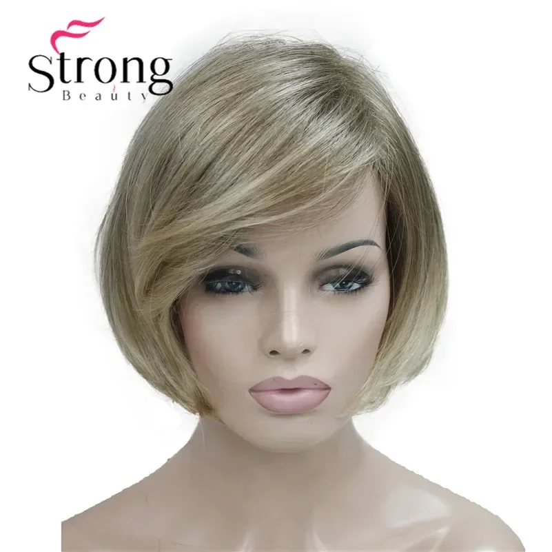 StrongBeauty Short Straight Ombre Blonde Bob Side Swept Bangs Synthetic Wig Women Full Wigs COLOUR CHOICES