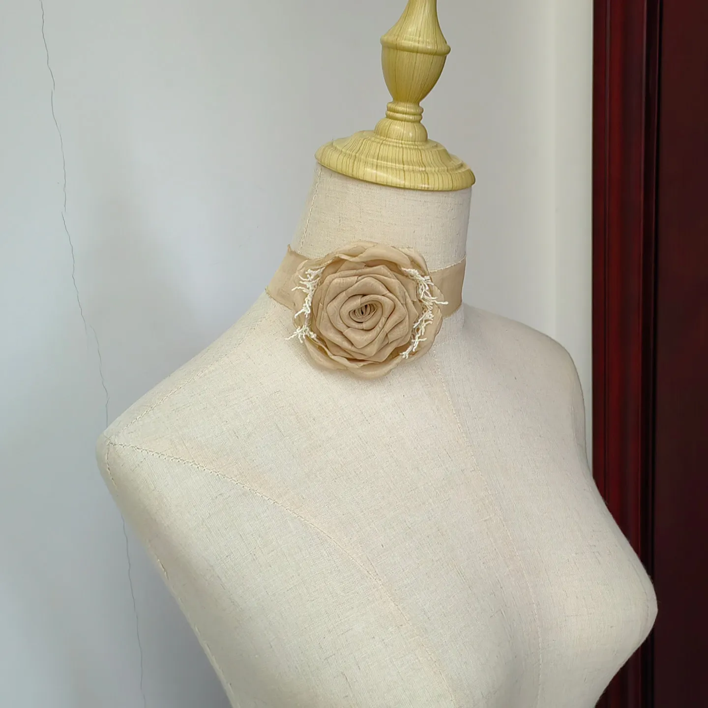 Handcrafted Brown Rose Choker Vintage Singed Flower Necklace Camellia for Bridal Showers and Creative Layering