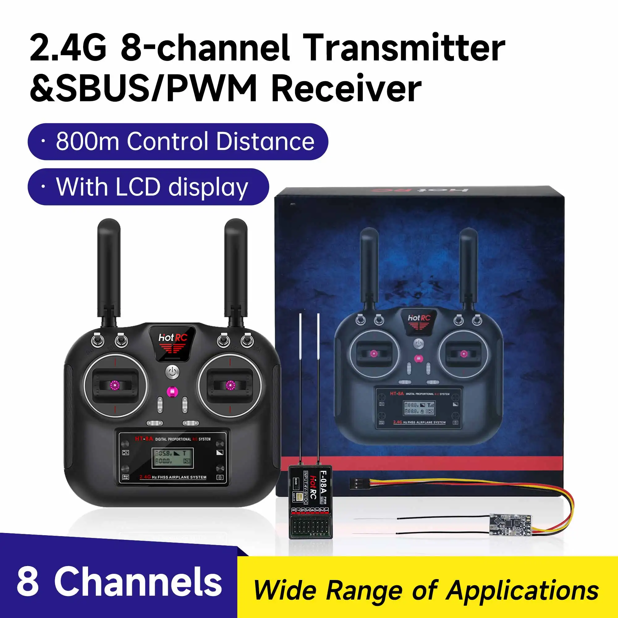 

HOT RC HT-8A 2.4GHz 8CH 8A RC Transmitter PWM FHSS with F-08A Receiver Radio System Remote Controller for RC Drone And Smart Car