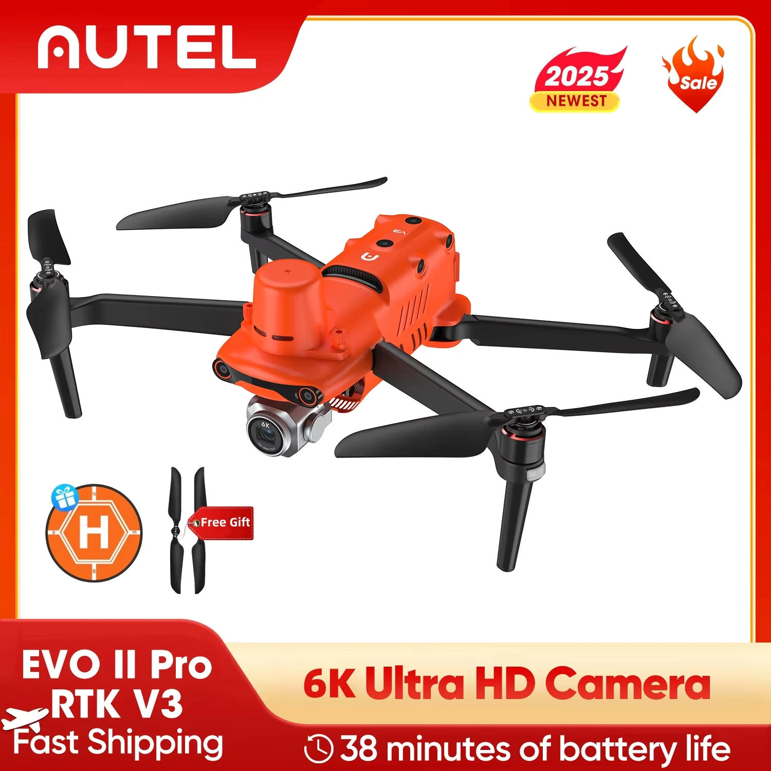 طائرة بدون طيار Autel Robotics EVO II Pro RTK V3 بدون طيار حزمة متينة 20 ميجابكسل صور و6K/30 إطارًا في الثانية طائرة بدون طيار للمسح والرسم الاحترافي في المخزون