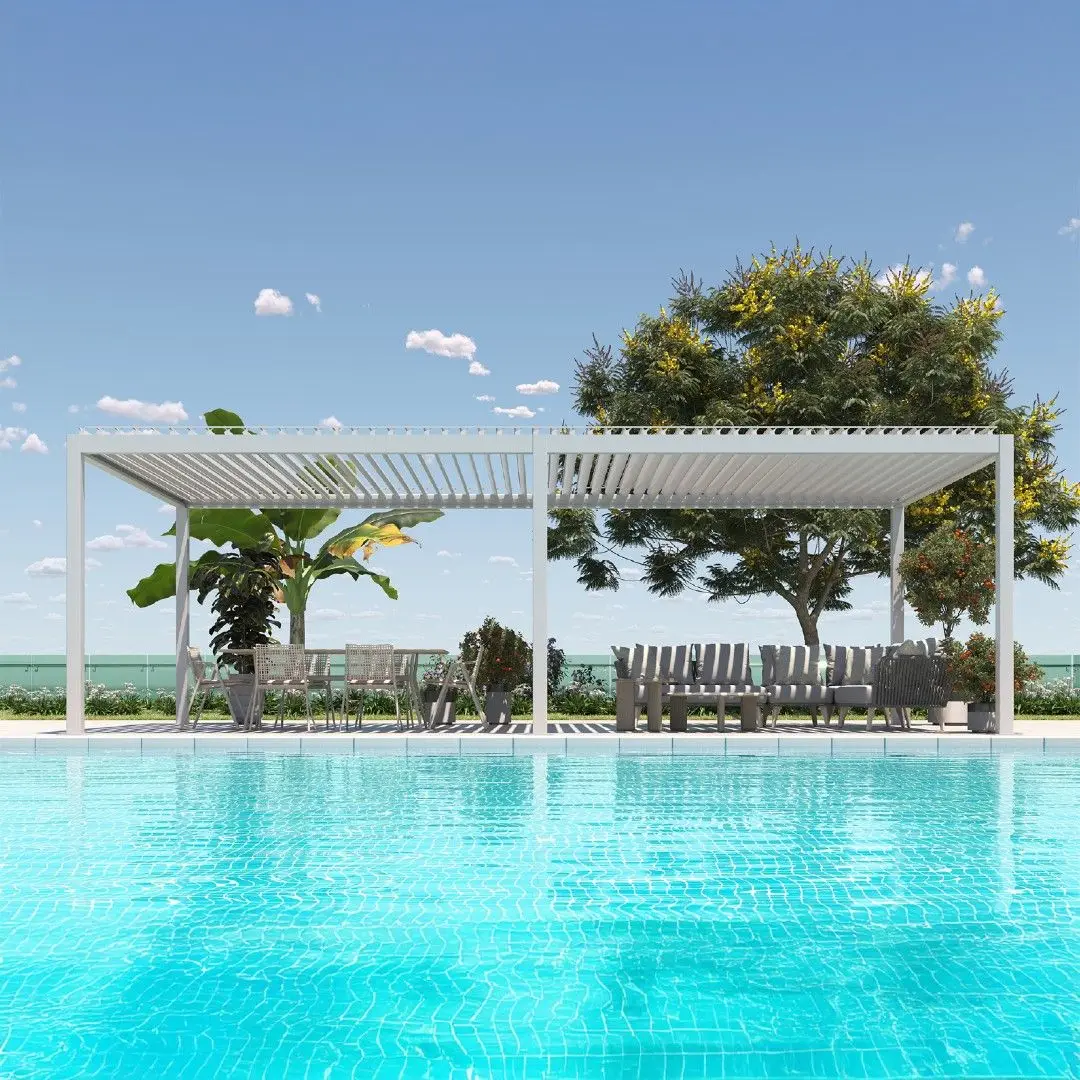 

Outdoor Waterproof Simple Aluminum Pergola Retractable Louvered Roof with LED Light 3x3 3x4 4x3 Sizes Pavilion Metal Pagolas