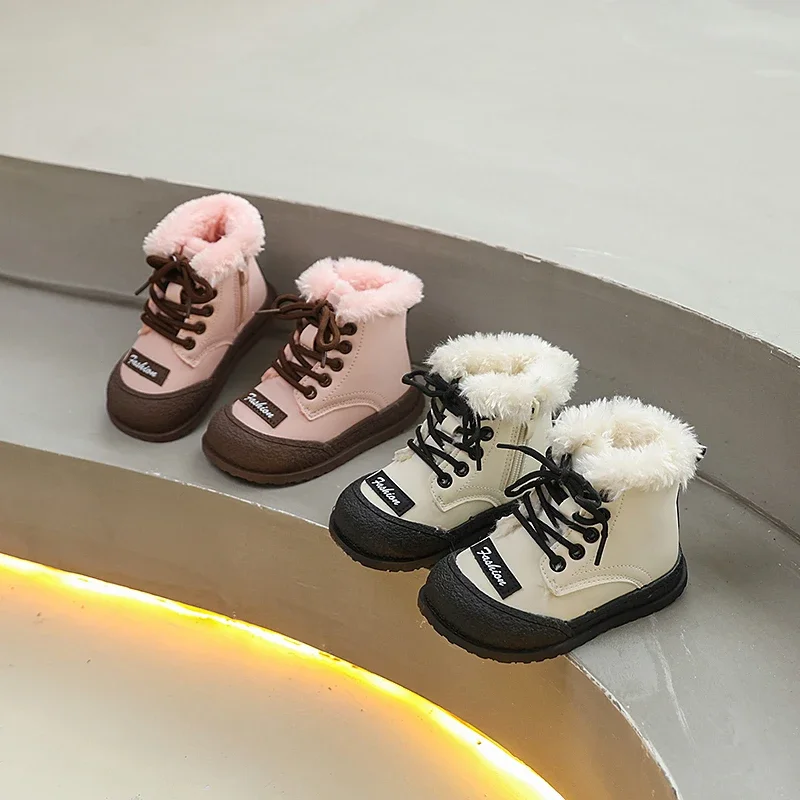 

Модные детские лоскутные ботильоны, зимние уличные теплые хлопковые ботинки для девочек, универсальные детские плюшевые ботинки с меховой волосатой молнией сбоку