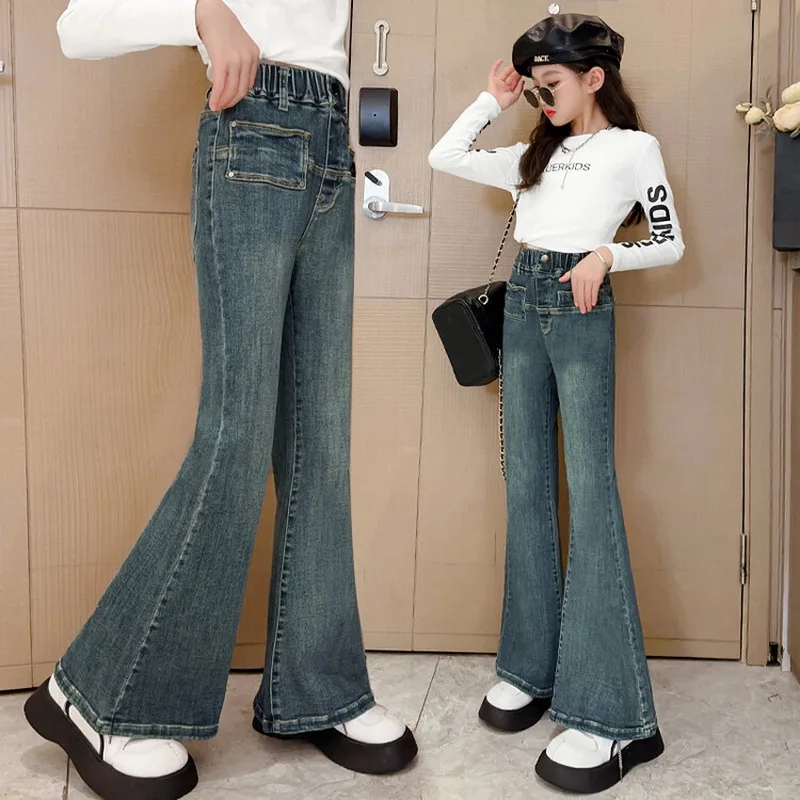 Girls School Wide Leg Pants with Rabbit Design Casual Loose 2024 New Spring Fashion Long Jeans Children Korean Style Trousers