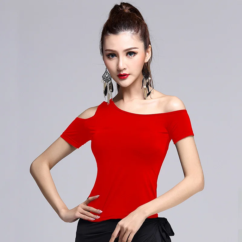 New Latin Dance Dress Slim Fit Off Shoulder Fitness Dress Women's Dance Square Dance Dress Short sleeved Top Four Seasons Adult