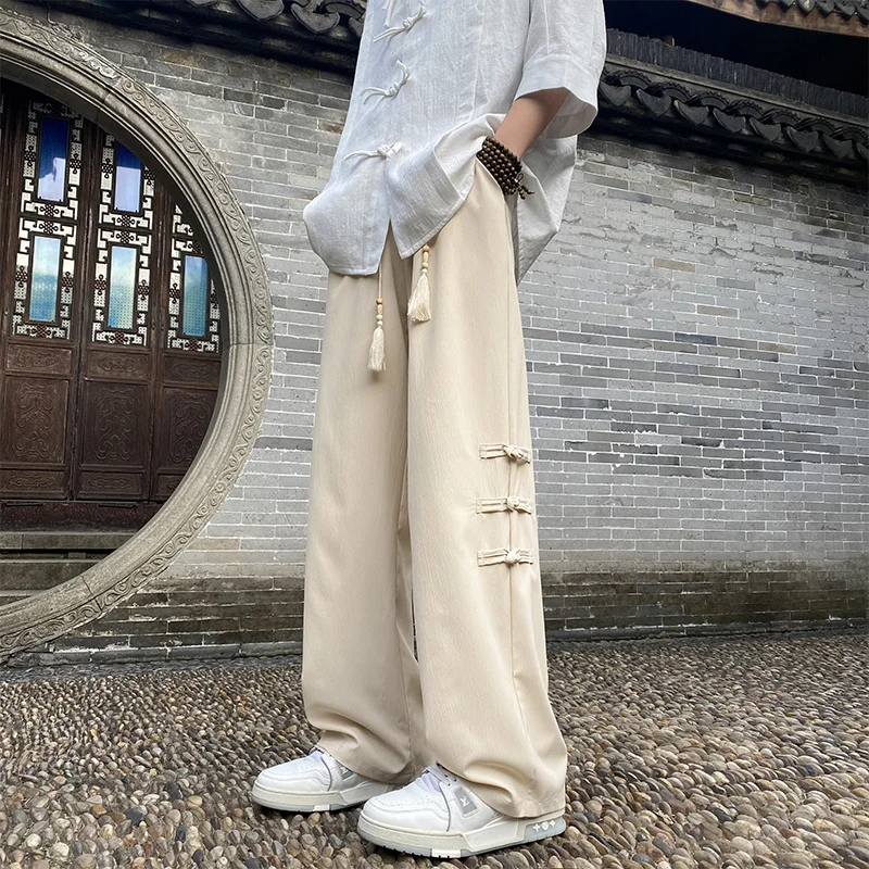 

New Chinese Style Drape Straight Pants Men's High Street Fashion Harem Trousers Y2K Vintage Patchwork Wide Leg Sweatpants