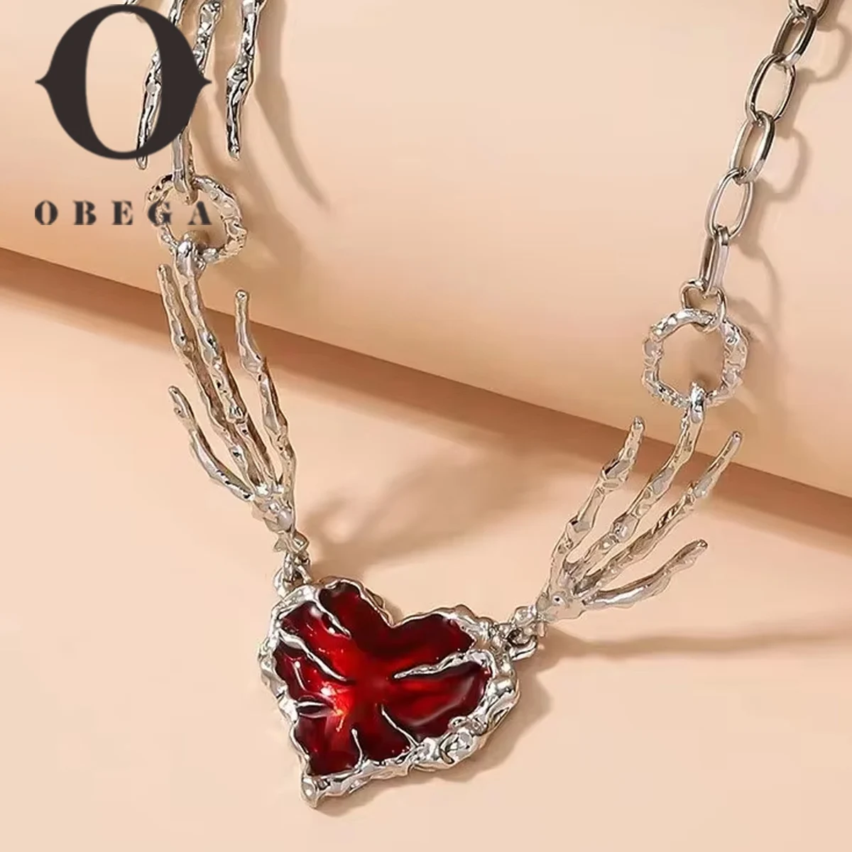 Obega Red Stone Hand Bone Shape Chain Women Men Necklace Ins Design Heart Style Charm Korean Chain Men Women Necklace