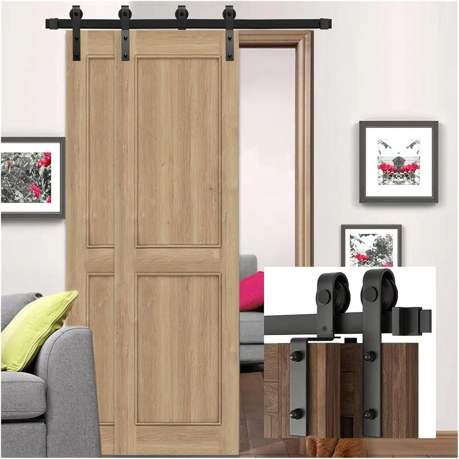 Barn Door Hardware Kit, 10-20Ft Bypass Sliding Wood Barn Door Hardware Kit, Closet Slides Tracks Rollers For Double Door 3-6