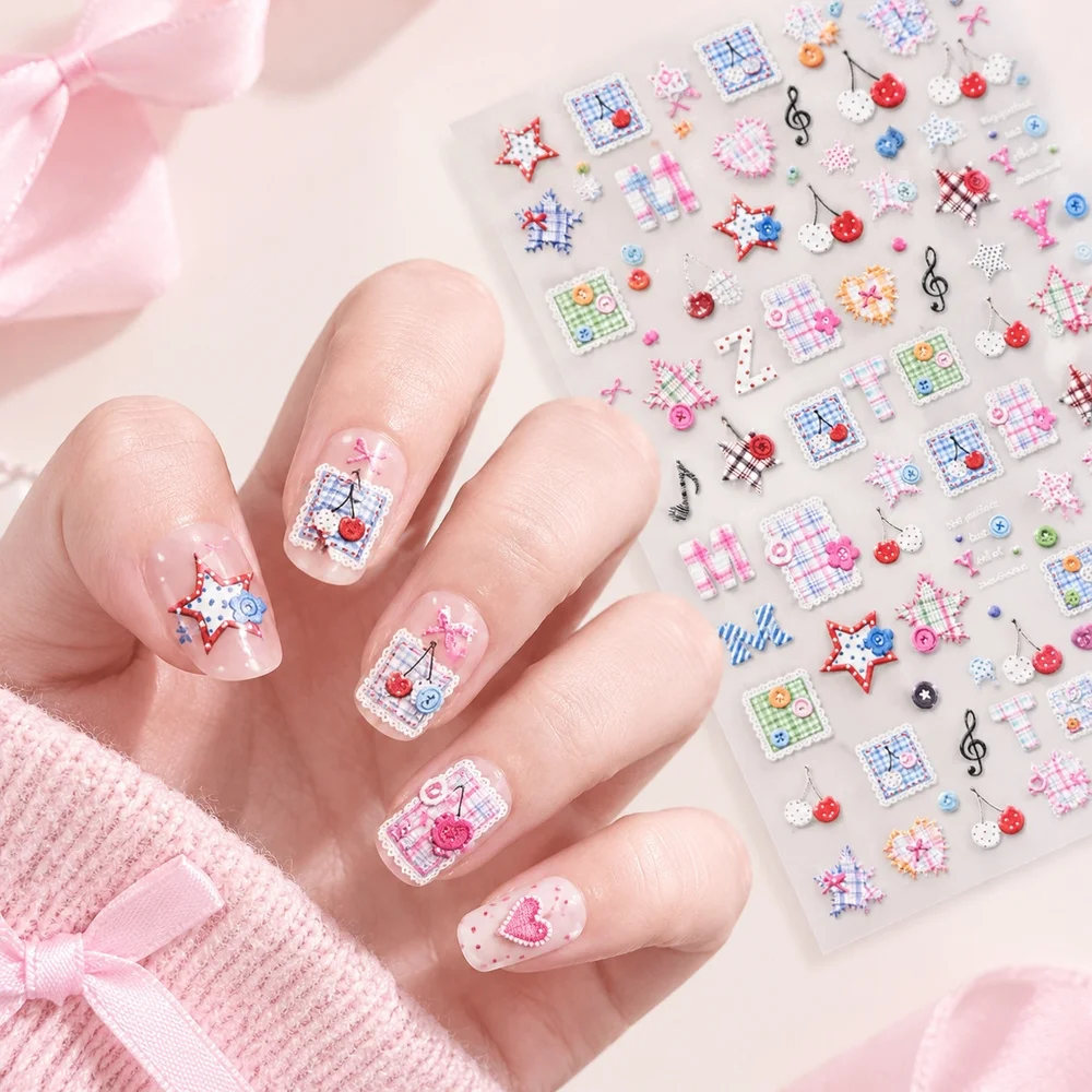 5D Multi‑Element Patchwork Nail Stickers 1Pc Cherry Letter Star Button Embossed Decals For Women Nail DIY Manicure Accessory