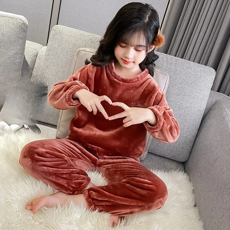 New Kids Coral Fleece Long Pajama Set for Boys Girls Long Sleeve Top  Pants Pajamas Students Soft Warm Casual Homewear Children
