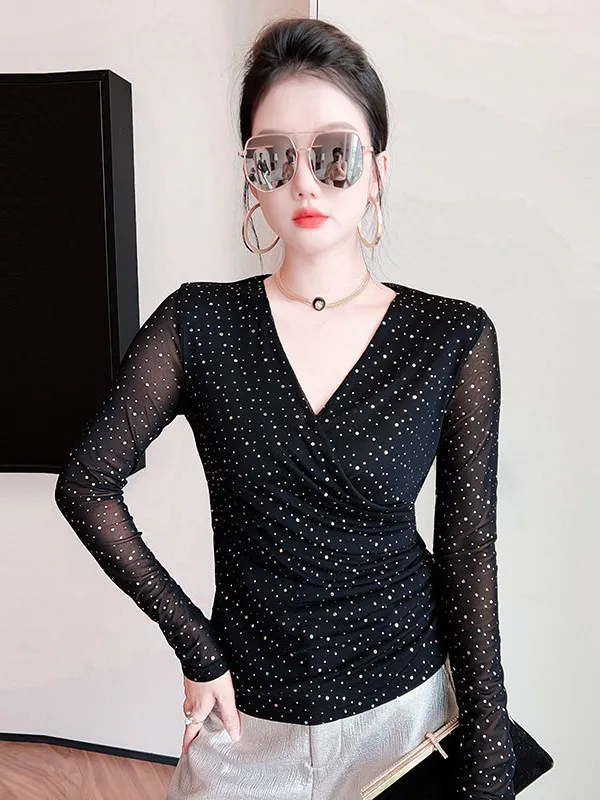 Slimming Effect V-Neck Long Sleeve Mesh T-Shirt 2026 Autumn Winter New Style Women's Casual Fashion Design Diamond Splicing B...