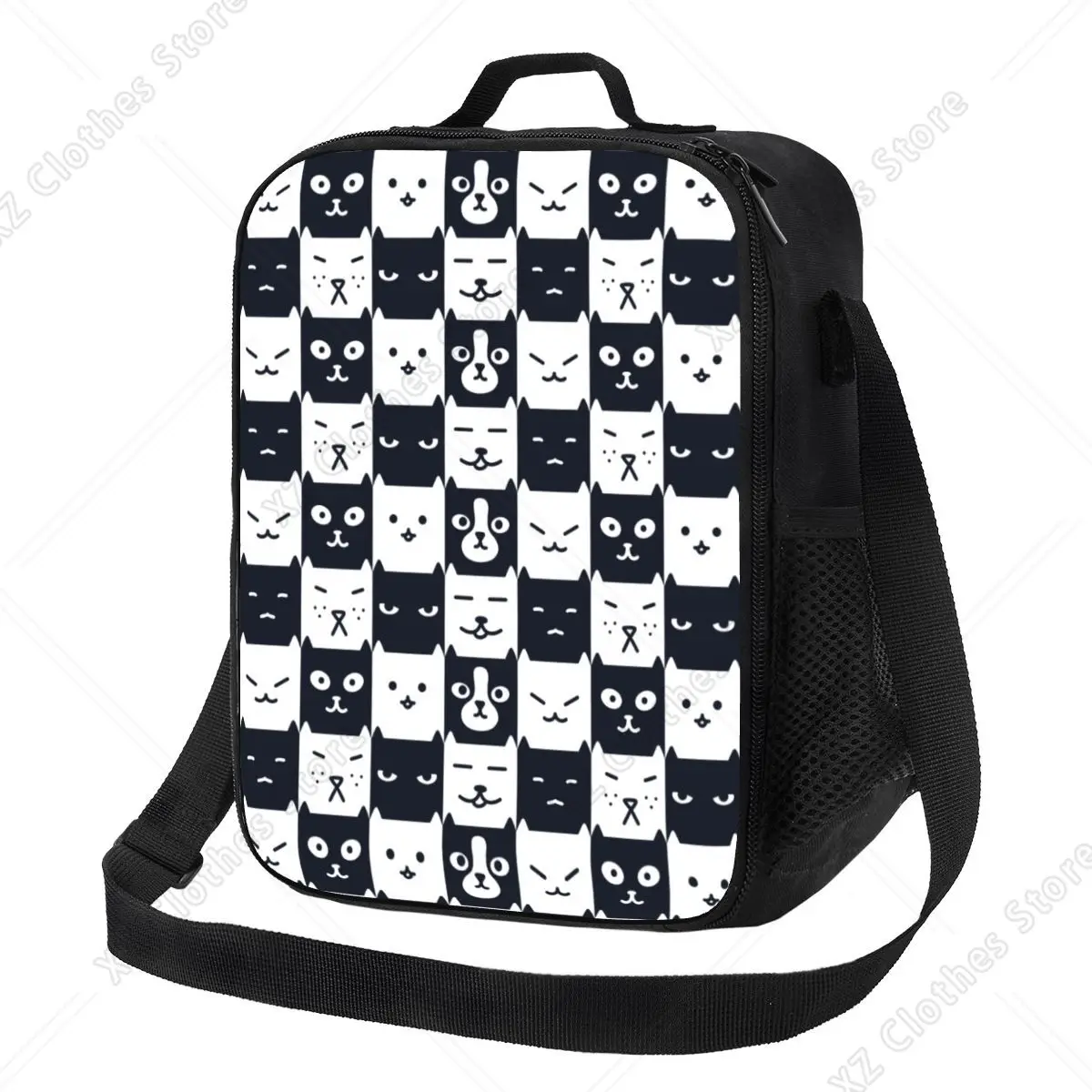 Custom Cute Checkerboard Cat Pattern Lunch Bag Men Women Warm Cooler Insulated Lunch Boxes for Student School