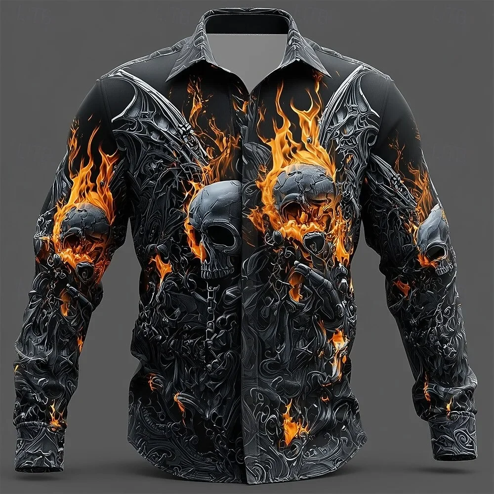 

Halloween Pumpkin Head 3D Printed Men's Long Sleeve Shirt Fashion Button Skull Top New Men's Casual Flap-Collar Shirt