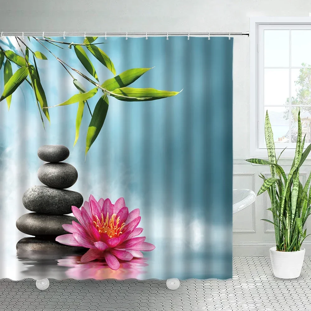 Pink Flower Stone Green Bamboo Zen Shower Curtains White Orchid Candle Spa Japanese Garden Landscape Bath Curtain Bathroom Decor