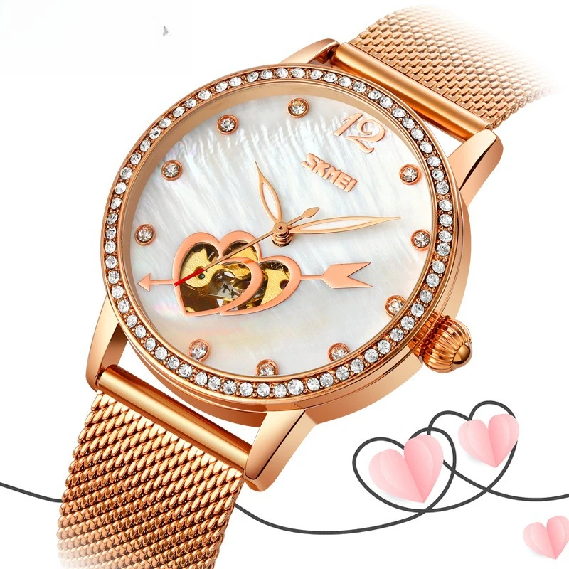Luminous Skeleton Watch with Rhinestones, Elegant Heart Design, Self-Winding Mechanical Movement Women's Wristwatch