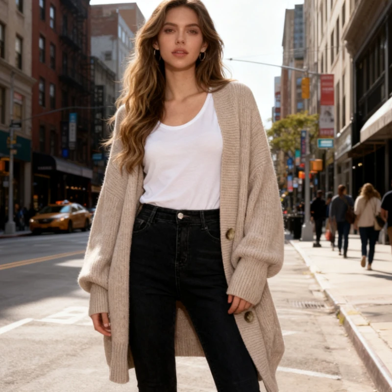 

Новый однобортный свободный однотонный вязаный кардиган с v-образным вырезом, свитер, женское повседневное пальто с рукавами-фонариками, модная одежда