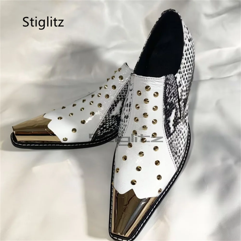 

Snake Pattern Patchwork Men's Rivets Dress Shoes Cowhide Mixed Colors Metal Toe Mixed Colors Genuine Leather Loafers Party Shoes