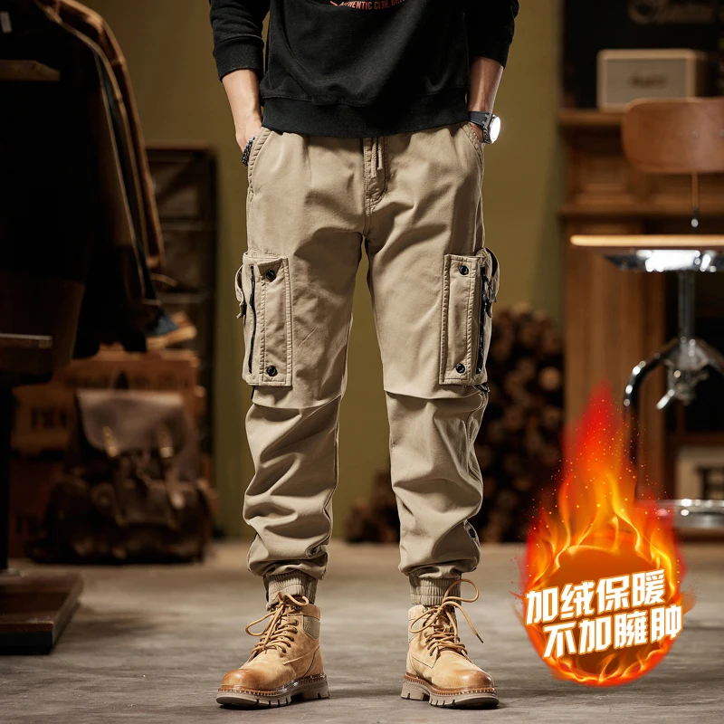 2024 Autumn/Winter Retro Casual Multi Pocket Cargo Warm Pants Wear Resistant Outdoor Thicken the Fleece 4 Colors size-28-38