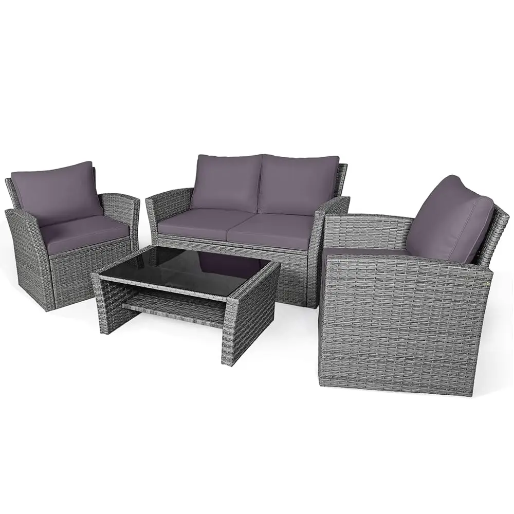 

4 Pieces Patio Furniture Set, All Weather Outdoor Sectional Rattan Sofa Set With Cushions & Tempered Glass Table, Wicker