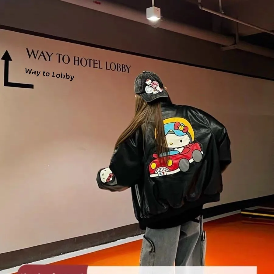 ゆったりフィット ハローキティ 刺繍 パッチワーク コットン混紡 ブラレザー ジャケット レディース ファッション アウター 秋冬 PUレザー