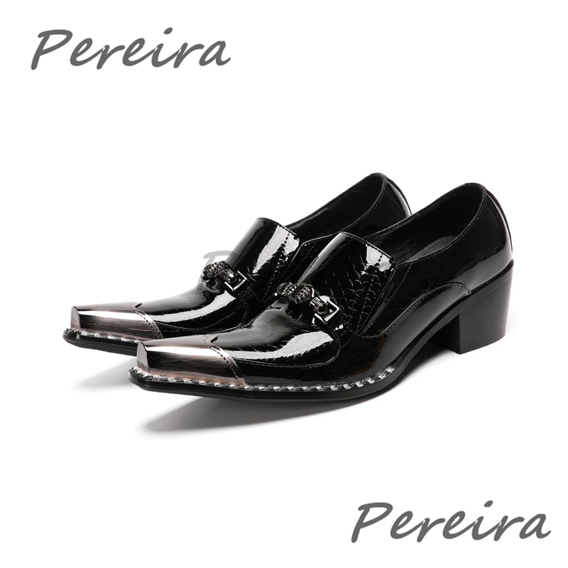 Men Iron Toe Patent Leather Business Dress Shoes Fashion Rivet Metal Buckle Slip-On Loafers British Style Gentleman's Shoes
