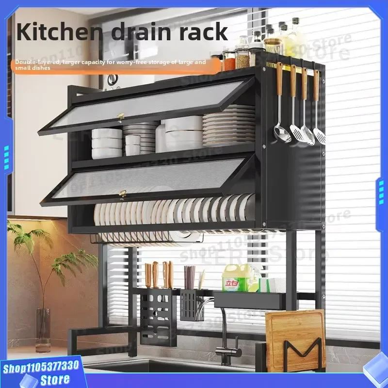 Double Layer Metal Kitchen Sink Rack Dustproof Door Design Multi Functional Storage for Seasoning Tableware Drainage