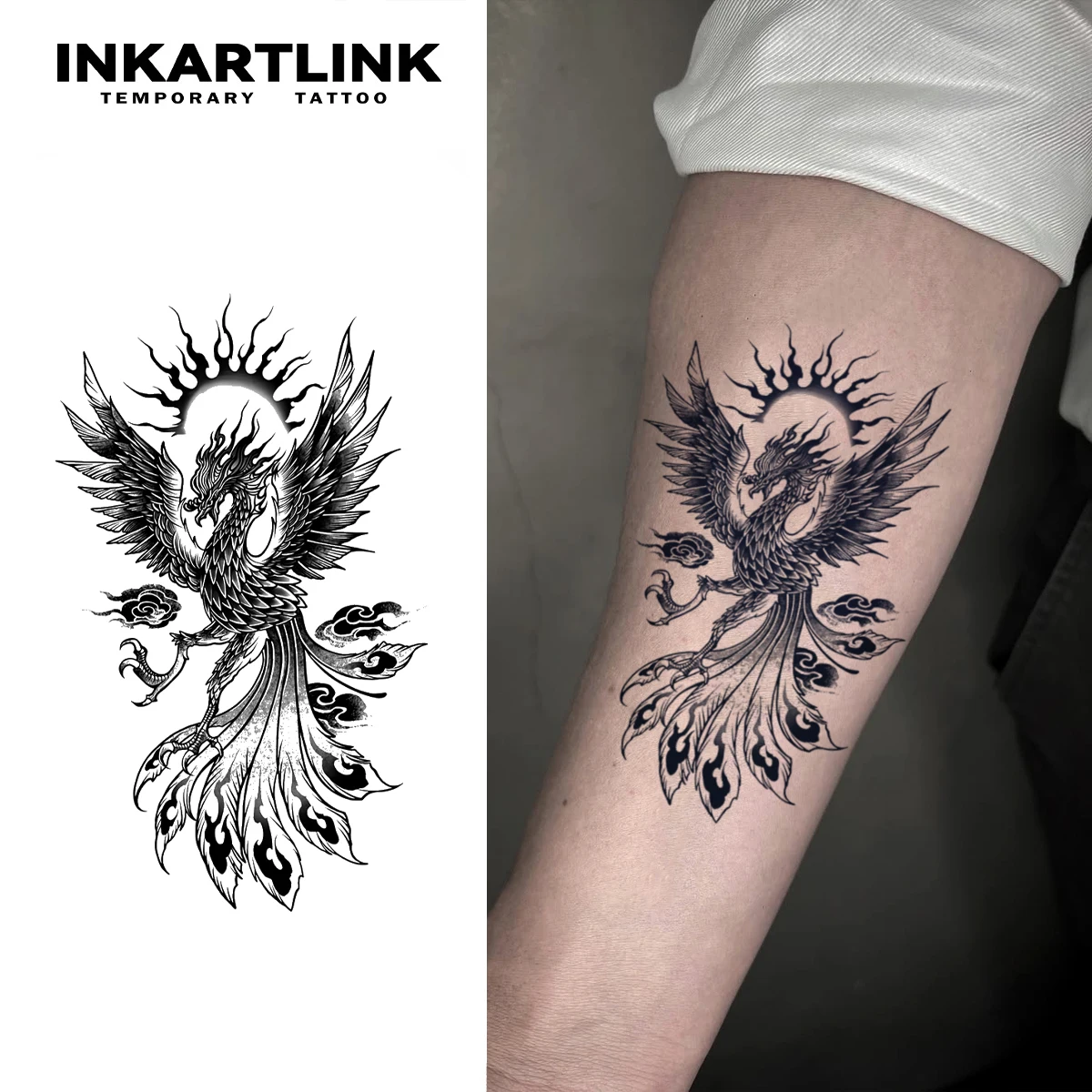 INKARTLINK Fire Phoenix Tattoo Patch 1-2 Weeks Long Lasting Sun Flame Lucky Cloud Totem Waterproof Temporary Tattoo