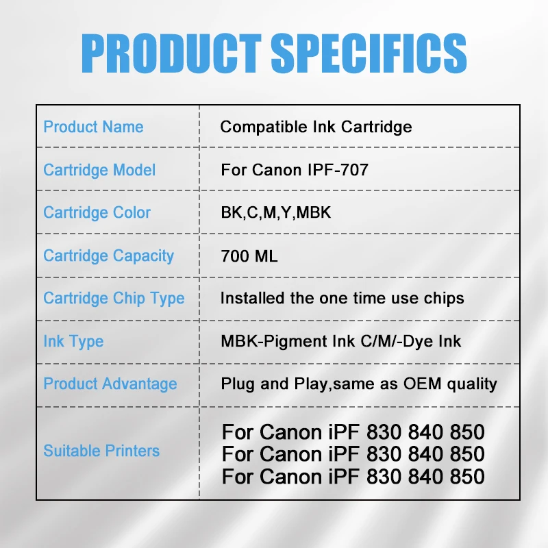 700ML For Canon PFI 707 PFI-707 Compatible Ink Cartridge For Canon iPF 830 840 850 Printer With Pigment DyeChip Ink Cartridge