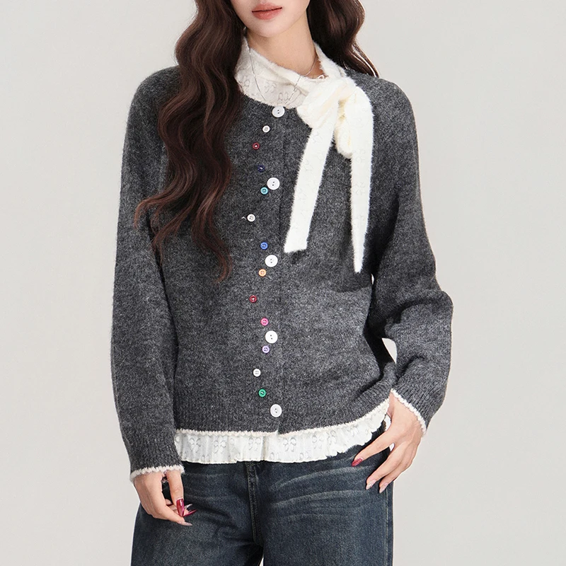 

Rainbow Buttons Wool Cardigans Women Long Sleeve Loose Casual Grey Sweater Korean Fashion Knitted Tops 2026 New Women Outfits