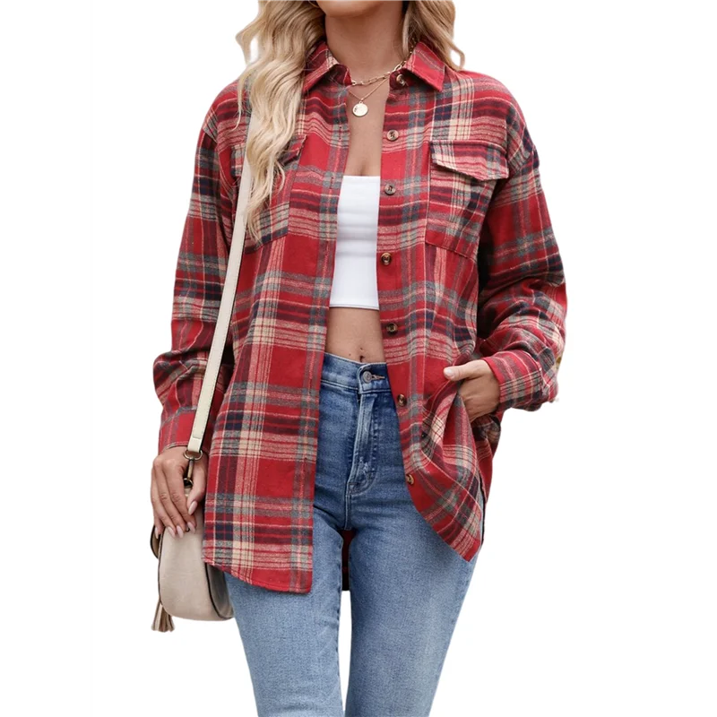 

ABRT-Womens Classic Button Down Plaid Flannel Shirts Long Sleeve Oversized Casual Business Blouse Tops