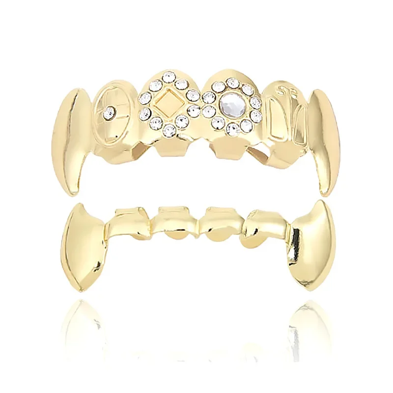 18K الزركون مطلية بالذهب الهيب هوب الأسنان مصاص دماء الأنياب النمر الأسنان المعدنية هالوين أطقم الأسنان النساء الرجال الأنماط الأوروبية الأمريكية #2