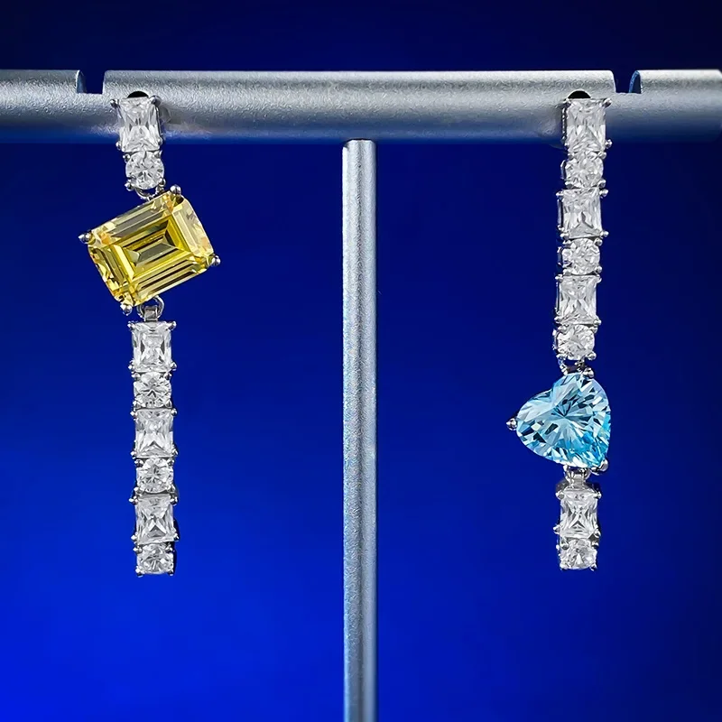 Pendientes de tira larga de color de contraste brillante europeo y americano, pendientes de amor azul marino de diamante amarillo, un par