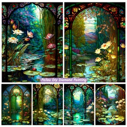 Stained Glass Lotus Flower Diamond Art Painting Fantasy Pond And Tree Landscape Mosaic Cross Stitch Crystal Craft Home Decor