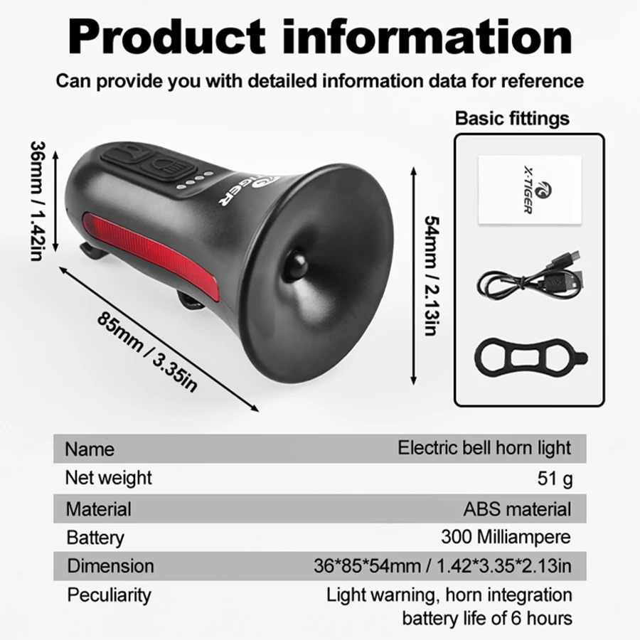 X-TIGER Electronic bicycle horn Lighted warning and siren integrated Battery life of 6 hours Suitable for road and mountainbikes