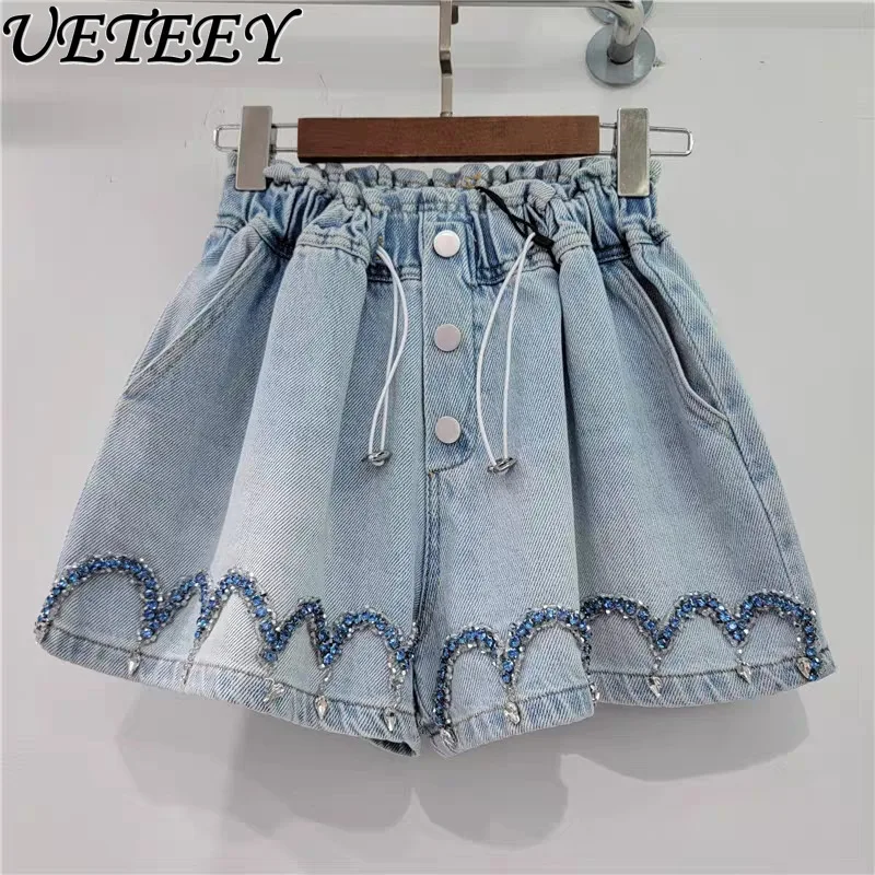 

2023 New Heavy Industry Design Jeans Wave Pattern Beaded High Waist Denim Short Pants Slimming Wide-Leg Denim Shorts for Women