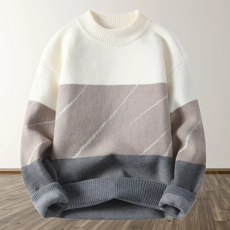 

GIOIO men's sweater, round neck color matching casual knit sweater, autumn and winter warm bottoming pullover