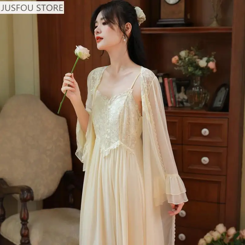 

Women's French Palace Style Pajamas Long-Sleeved Nightgown with Padded Suspender Skirt Mesh Dressing Gown Home Wear Set