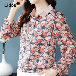 Chiffon Temperament Sleeve Flounce Lace Turn-down Collar Floral Printing Women's Clothing Three Buttons Vintage Oil Painting Top