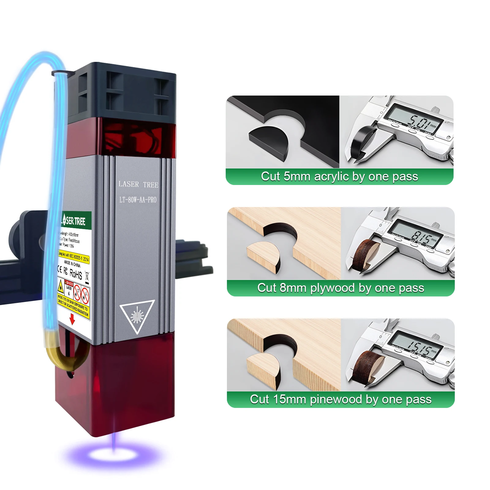 Fixed Focus 10W 20W 30W 40W 60W Optical Power Laser Module with Air Assist for Laser Workingwood Cutting Engraver Tools
