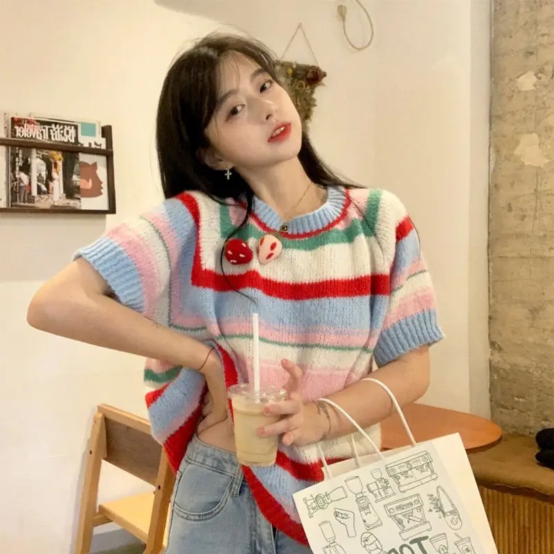 Blouse Sweater Women's Spring Sweet Youthful Round Neck Colourful Stripes Loose Fit Short Sleeves Knitwear New Niche Distinctive