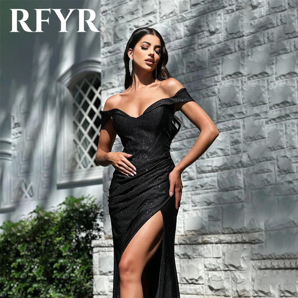 RFYR Black Off Shoulder Prom Dress Sequin Glitter Celebrity Dress Women\'s Evening Dress Mermaid Formal Gown with Slit Customized